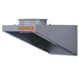 The KEMPER - WALL K BRAKET W / CONNECTION FLANGE - 93005 is a gray metal vent hood with an angled, rectangular design, a top circular duct attachment, orange KEMPER branding, and a flange for secure installation and effective air extraction.