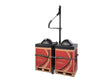 Lincoln .035 SuperArc L-56 MIG wire double drum pump system on Infinity-Pak containers with hoses and metal support for welding.