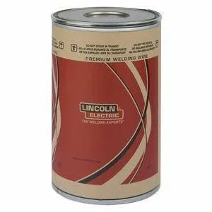 A cylindrical metal container with a red and beige label featuring the Lincoln Electric logo and the text Premium Welding Wire on the front.
