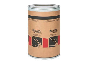 A large cylindrical container with a brown paper label and metal top and bottom. The label displays the Lincoln Electric logo, bold black and red graphics, and indicates it contains E71T-12M flux-cored welding wire for FCAW-G applications.