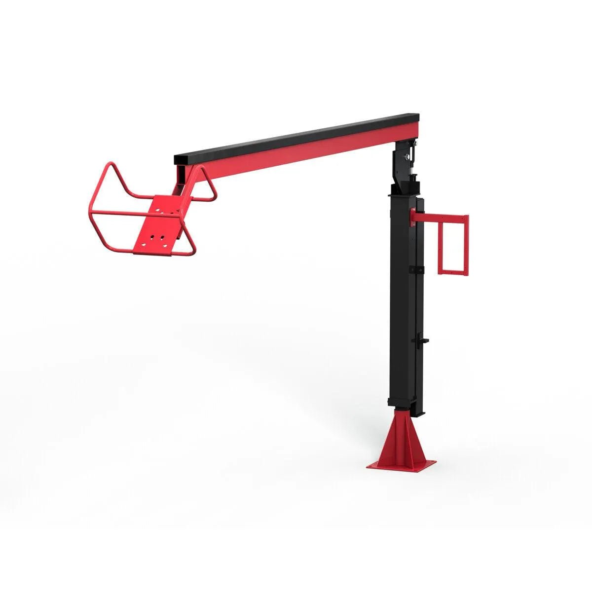 The Lincoln 12 ft. Zipline Boom Single K3256-12S has a red and black metal arm with a wide V-shaped grip, flat mounting base, adjustable-height vertical support, and a small rectangular handle for easy operator mobility.
