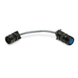 The Lincoln 12-Pin to 6-Pin Adapter K2909-1 is a short gray cable with black cylindrical connectors: one with gold pins, the other with a blue face and pin holes. Both connectors have ridged grips and locking mechanisms.