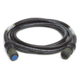 The Lincoln 14-Pin Heavy Duty Control Cable 1.5ft (0.5m) K1785-2 features black coiled sheathing, olive green circular connectors, and white sheath text—ideal for robotic feeders or Power Wave AC/DC 1000SD systems.