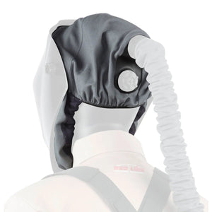 Mannequin wearing Lincoln 3350 PAPR Headcovering KP3940-1, white welding respirator hood with rear hose for safety and protection.