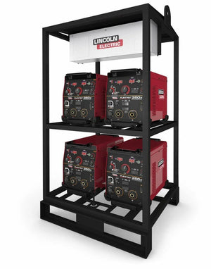 The Lincoln 4-PACK RACK FLEXTEC 350X (STANDARD MODEL) K4280-1 features a black metal rack holding four red and black welding machines, with a white Lincoln Electric sign on top and forward-facing control panels for easy access.