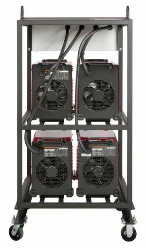 The Lincoln 4-PACK RACK FLEXTEC 450 K2956-2 is a portable, wheeled rack that holds four electrical units in two rows with protective grills, labels, black power cables on top, a white top section, and open sides.
