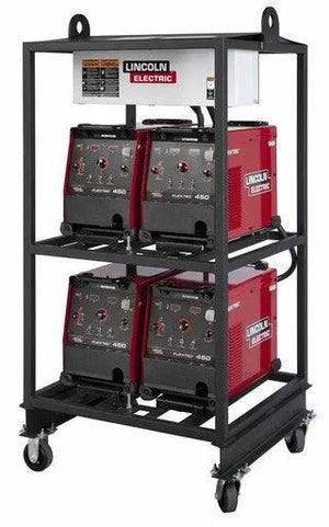 A black metal Lincoln 4-PACK RACK FLEXTEC 450 K2956-2 on wheels holds four red and black welding machines, featuring a solid frame, lift points on top, and front panel electrical controls and dials.