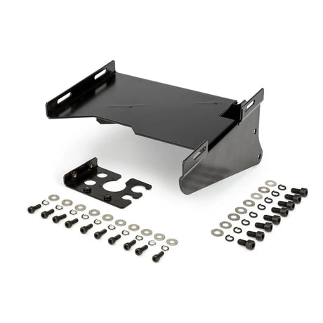A black Lincoln 4R Feeder IRB1660ID Mounting Bracket (K3573-2) stands upright, with a smaller flat bracket and various screws, bolts, nuts, and washers neatly lined up below it, all displayed on a plain white background.