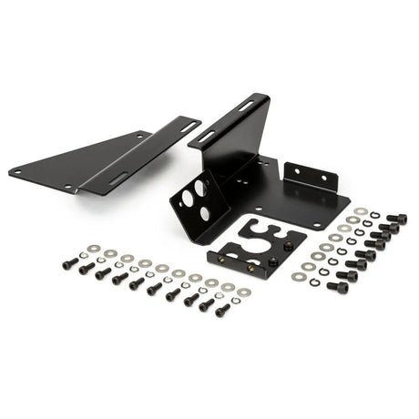 Two black Lincoln 4R Feeder IRB2600 Mounting Brackets (K3573-5) with assorted washers, nuts, and black screws are neatly arranged on a white background as part of the hardware assembly kit for robotic wire feeders.