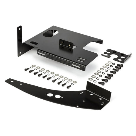 The Lincoln 4R Feeder IRB2600ID Mounting Bracket (K3573-3) set, featuring black metal brackets with nuts, bolts, and washers, is shown neatly arranged on a white background—perfect for assembling robotic or electronic equipment.