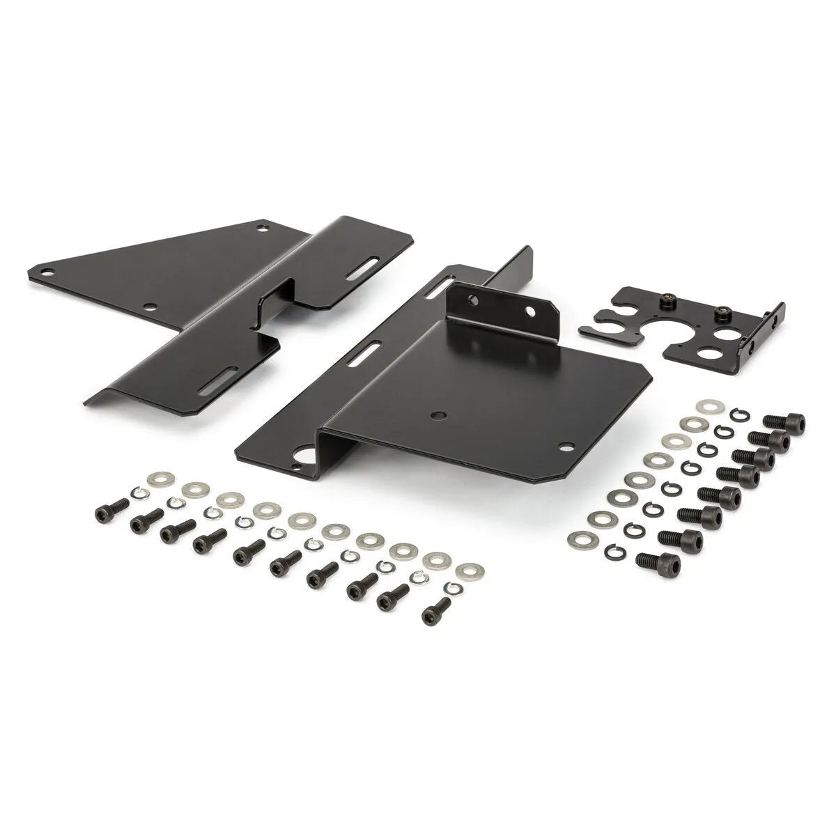 The Lincoln 4R Feeder IRB4600 Mounting Bracket (K3573-6) set includes black metal brackets with holes and bends for easy assembly, plus bolts, nuts, and washers—all arranged on a white background. Perfect for IRB4600 wire feeders.