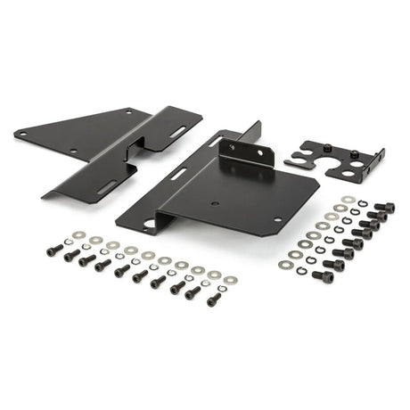 The Lincoln 4R Feeder IRB4600 Mounting Bracket (K3573-6) set includes black metal brackets with holes and bends for easy assembly, plus bolts, nuts, and washers—all arranged on a white background. Perfect for IRB4600 wire feeders.