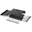 The Lincoln 4R Feeder Kuka Over-Arm Mounting Bracket (K3574-2) is pictured in black metal with multiple holes and angled edges, accompanied by neatly arranged screws, washers, and bolts on a plain white background.