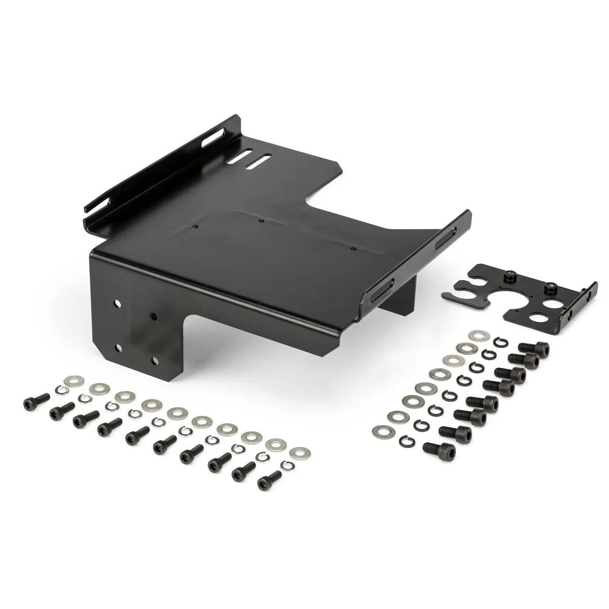 The Lincoln 4R Feeder KUKA Thru-Arm Mounting Bracket (K3574-1) is displayed in black with multiple cutouts and bends, accompanied by a smaller matching bracket plus organized bolts, washers, and nuts on a white background.