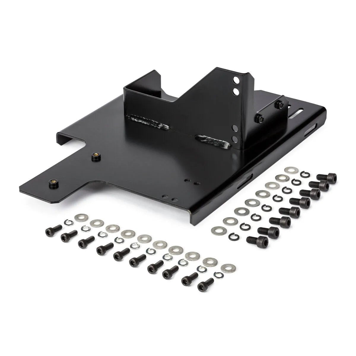 A black Lincoln 4R Feeder MA2010 Mounting Bracket (K3572-2) with welded supports is displayed on a white background, with organized hardware—screws, bolts, washers, and nuts—ideal for assembling Robotic Wire Feeders or 4R Feeder setups.