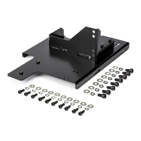 A black Lincoln 4R Feeder MA2010 Mounting Bracket (K3572-2) with welded supports is displayed on a white background, with organized hardware—screws, bolts, washers, and nuts—ideal for assembling Robotic Wire Feeders or 4R Feeder setups.