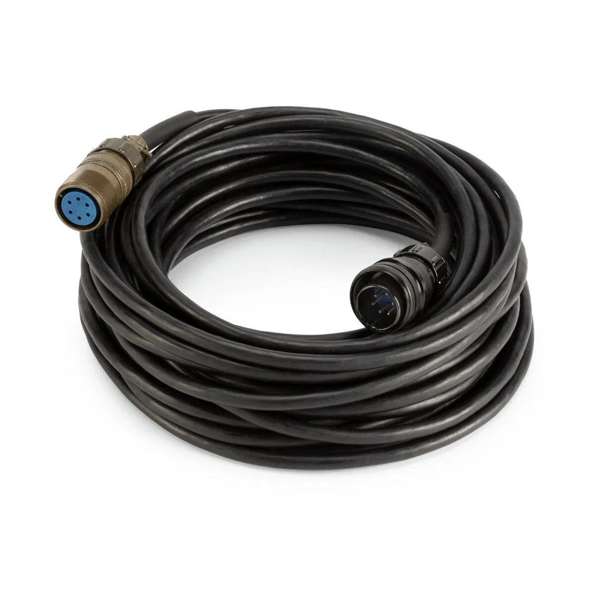 Lincoln 50FT Extension Cable K5454-50, black coiled control cable with multi-pin connectors for welding machines and tools.