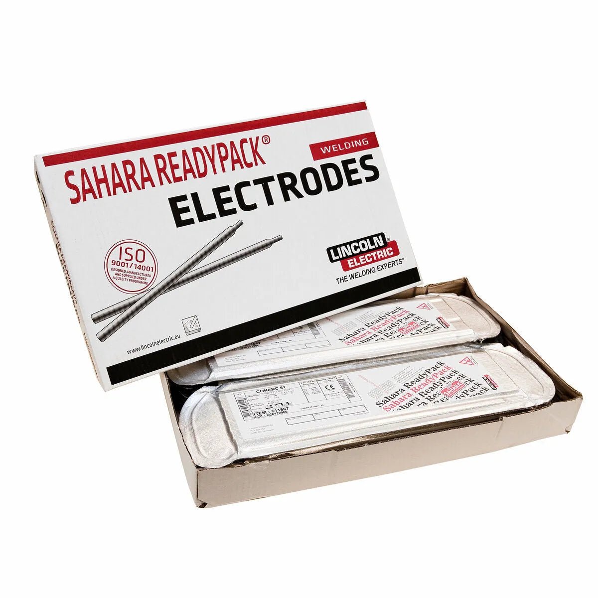 Lincoln 503609-2 Conarc 48 welding electrodes box, partially open with two sealed packs—vital welding equipment at WeldingMart.