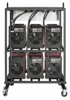 The Lincoln 6-PACK RACK FLEXTEC 450 K2957-2 is a black metal inverter rack on wheels holding six machines with cooling fans and power cables in two rows, providing portable industrial power with visible fans and labeled units.