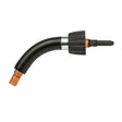Lincoln 60° Barrel W/ Nut KP3682-60 welding nozzle adapter for Magnum PRO 250LX, 250LXGT; curved, black, ribbed collar, orange ends.