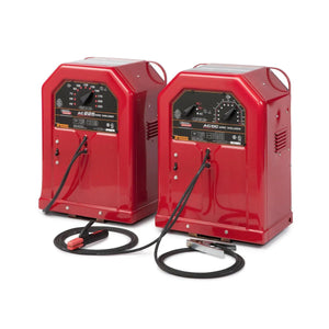 Lincoln AC225 Stick Welder K1170 and red arc welders with cables, top welding equipment for pros, side by side on white background.