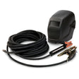 A black welding helmet sits next to a coiled black cable and electrode holder from the Lincoln Accessory Kit 150 Amp K875, all displayed against a white background.