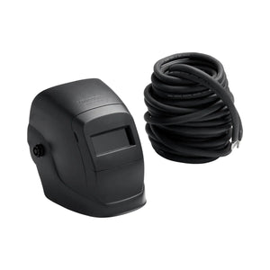 The Lincoln Accessory Kit 400 Amp K704, featuring a black welding helmet with a small rectangular window and a coiled black cable, is displayed together on a seamless white background.
