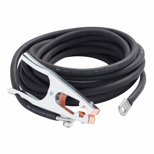 The Lincoln Accessory Kit 400 Amp K704 features a coiled black welding cable labeled Lincoln Electric Welding Cable 2/0 AWG, with a silver spring clamp (copper contacts) on one end and a ring terminal lug on the other, designed for stick welding.