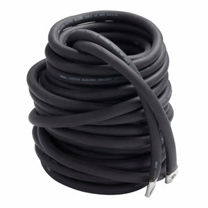 The Lincoln Accessory Kit 400 Amp K704 features a thick black welding cable, ideal for stick welding, neatly coiled with white printed text along its length and metal lugs at each end, all set against a plain white background.