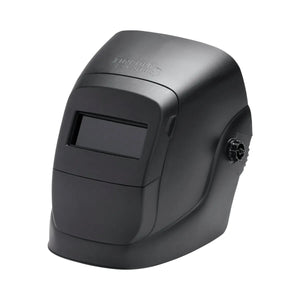 The Lincoln Accessory Kit 400 Amp K704 features a black welding helmet with a rectangular dark viewing window, side adjustment knob, and contoured surface, providing solid face and eye protection from sparks and bright light during stick welding.
