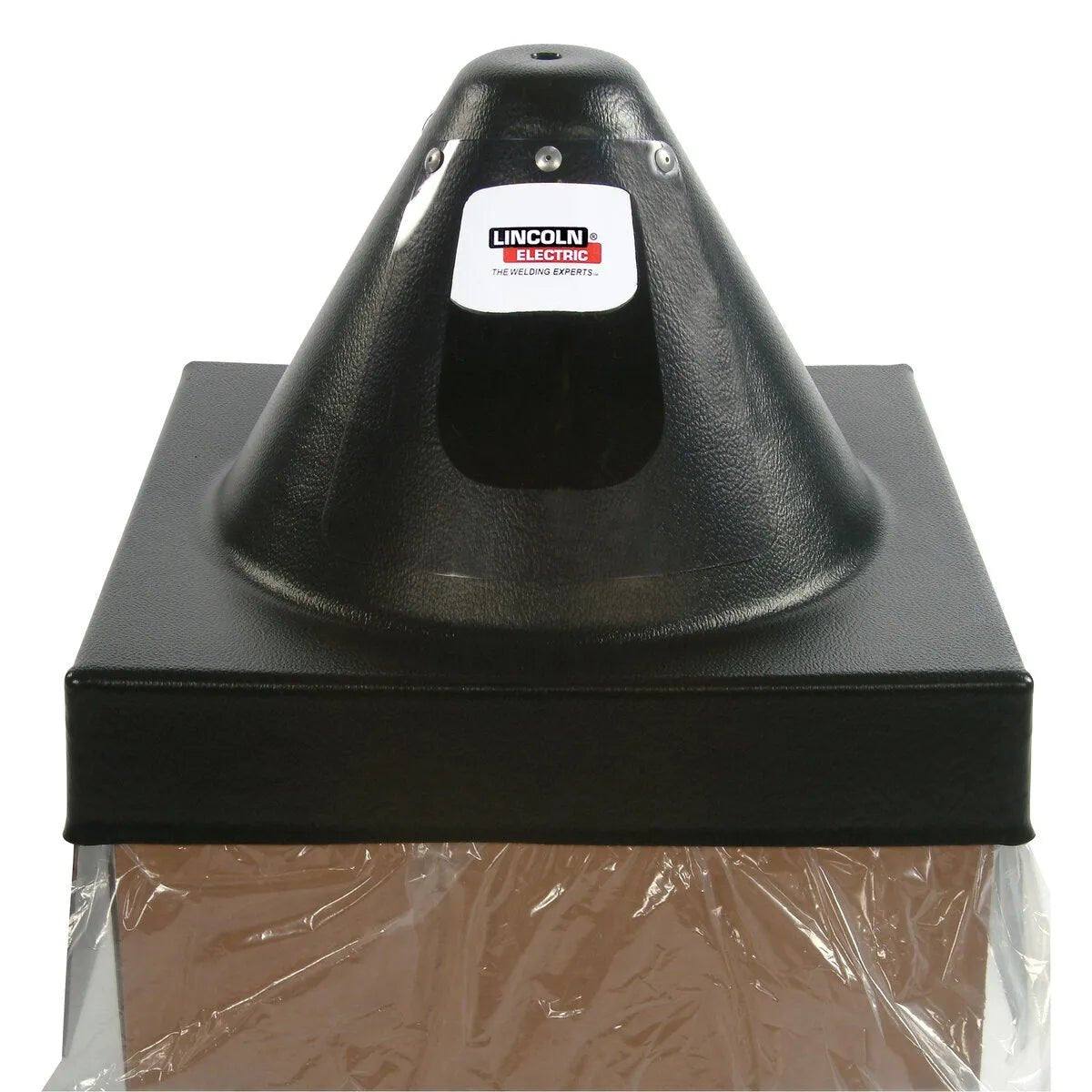 A black plastic funnel-shaped hood with a Lincoln Electric label on the front, mounted on a square black base with a clear plastic bag attached underneath, showcases the polyethylene durability of the Lincoln Accu-Pak Box Payoff Kit.