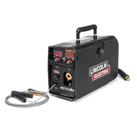 Lincoln Activ8X CE K3519-2 portable wire feeder with CrossLinc Technology, top handle, cables, front knobs, and displays.
