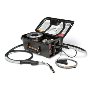 Lincoln Activ8X Magnum PRO Curve 300 Wire Feeder One-Pak K3564-1 with spool, cables, welding gun, switches, and lid instructions.