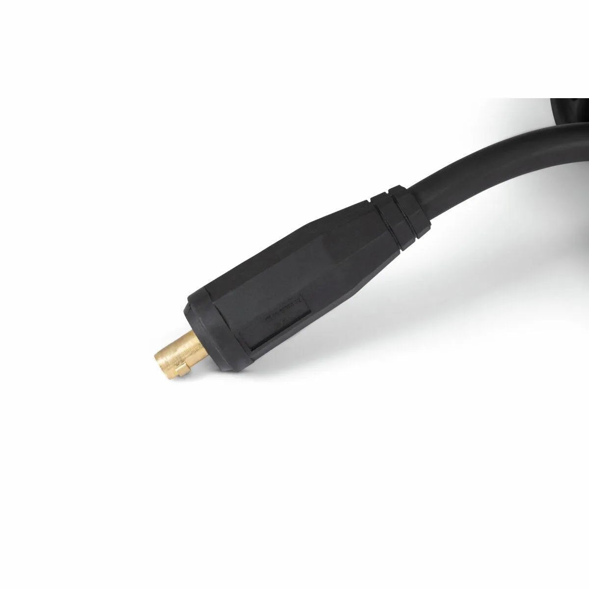 A close-up of the Lincoln Activ8X Pipe CE (Twist Mate / Dinse) K5240-1: a black cable with thick insulation and a brass, hexagonal connector tip that extends slightly, used in wire feeder systems for pipe welding.