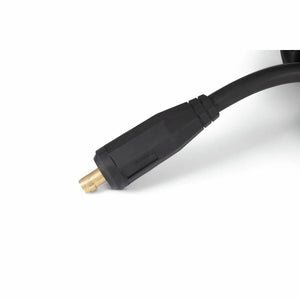 A close-up of the Lincoln Activ8X Pipe CE (Twist Mate / Dinse) K5240-1: a black cable with thick insulation and a brass, hexagonal connector tip that extends slightly, used in wire feeder systems for pipe welding.