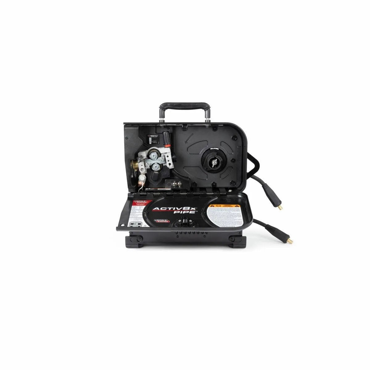 The Lincoln Activ8X Pipe CE (Twist Mate / Dinse) K5240-1 is a compact black welding machine with an open side panel showing internal parts like the wire feeder, a top handle, cables on the right, and labeled panels for safety and operation.
