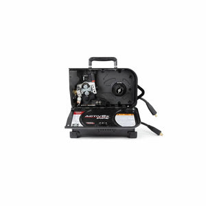 The Lincoln Activ8X Pipe CE (Twist Mate / Dinse) K5240-1 is a compact black welding machine with an open side panel showing internal parts like the wire feeder, a top handle, cables on the right, and labeled panels for safety and operation.