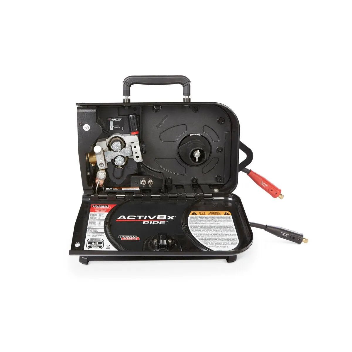 The Lincoln Activ8X Pipe CE (Twist Mate / Dinse) K5240-1 is a portable wire feeder with an open black case displaying internal components, spools, wires, gauges, and labels. Thick red and black cables with clamps extend from the right side; a top handle allows easy carrying.