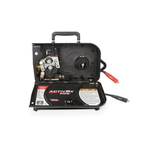 The Lincoln Activ8X Pipe CE (Twist Mate / Dinse) K5240-1 is a portable wire feeder with an open black case displaying internal components, spools, wires, gauges, and labels. Thick red and black cables with clamps extend from the right side; a top handle allows easy carrying.