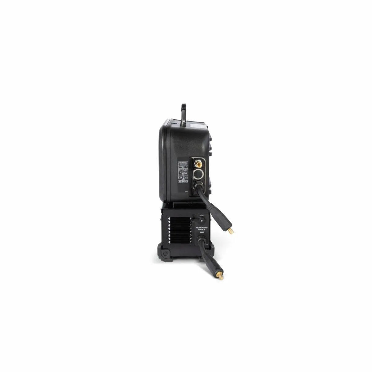 The Lincoln Activ8X Pipe CE (Twist Mate / Dinse) K5240-1 is a compact black wire feeder, shown from the side with two cables featuring brass connectors plugged in, visible labels and vents, set against a plain white background.