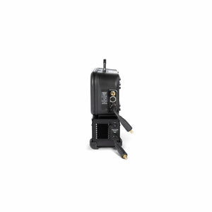 The Lincoln Activ8X Pipe CE (Twist Mate / Dinse) K5240-1 is a compact black wire feeder, shown from the side with two cables featuring brass connectors plugged in, visible labels and vents, set against a plain white background.