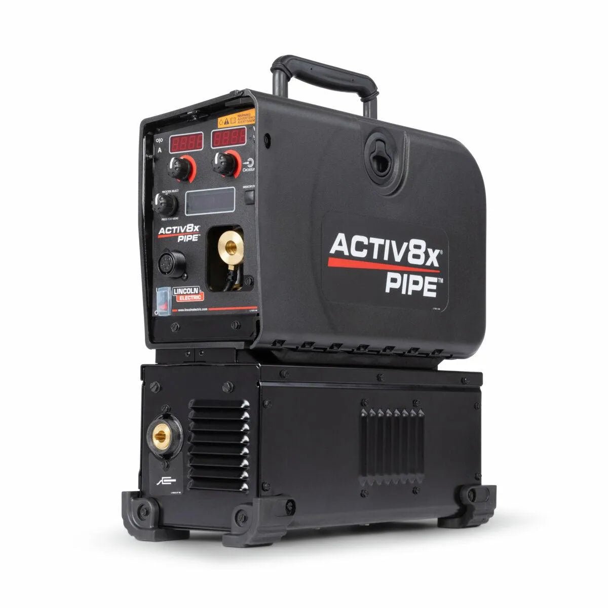 The Lincoln Activ8X Pipe CE (Twist Mate / Dinse) K5240-1 is a black wire feeder for pipe welding with STT technology, carrying handle, control knobs, digital displays, labeled ports on the front, and a sturdy black base.