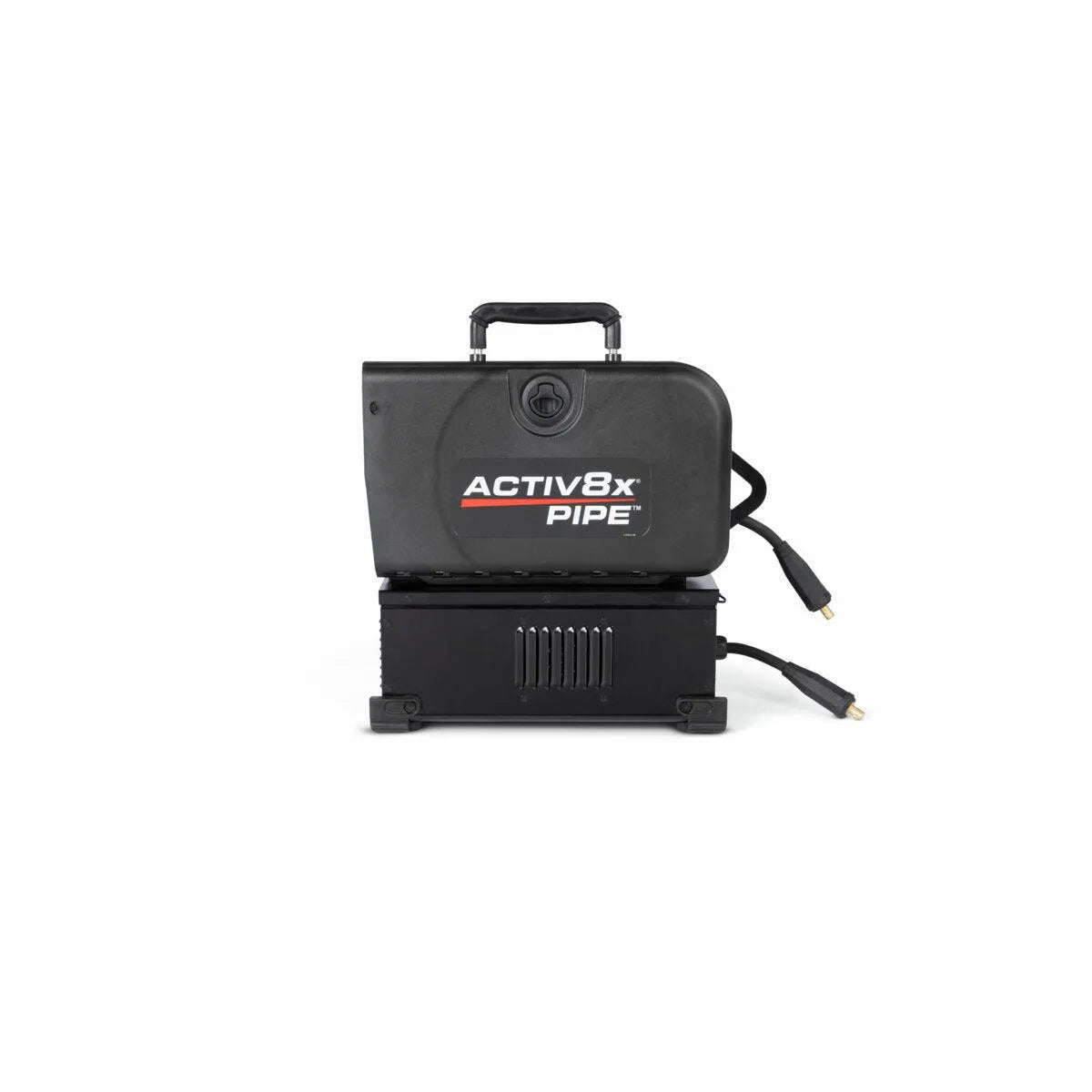 The Lincoln Activ8X Pipe CE (Twist Mate / Dinse) K5240-1 is a compact black welding machine labeled ACTIV8x PIPE in bold white and red, designed for pipe welding, with a top handle, vent slits, and two brass-connector cables for wire feeder integration.