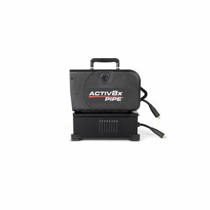 The Lincoln Activ8X Pipe CE (Twist Mate / Dinse) K5240-1 is a compact black welding machine labeled ACTIV8x PIPE in bold white and red, designed for pipe welding, with a top handle, vent slits, and two brass-connector cables for wire feeder integration.