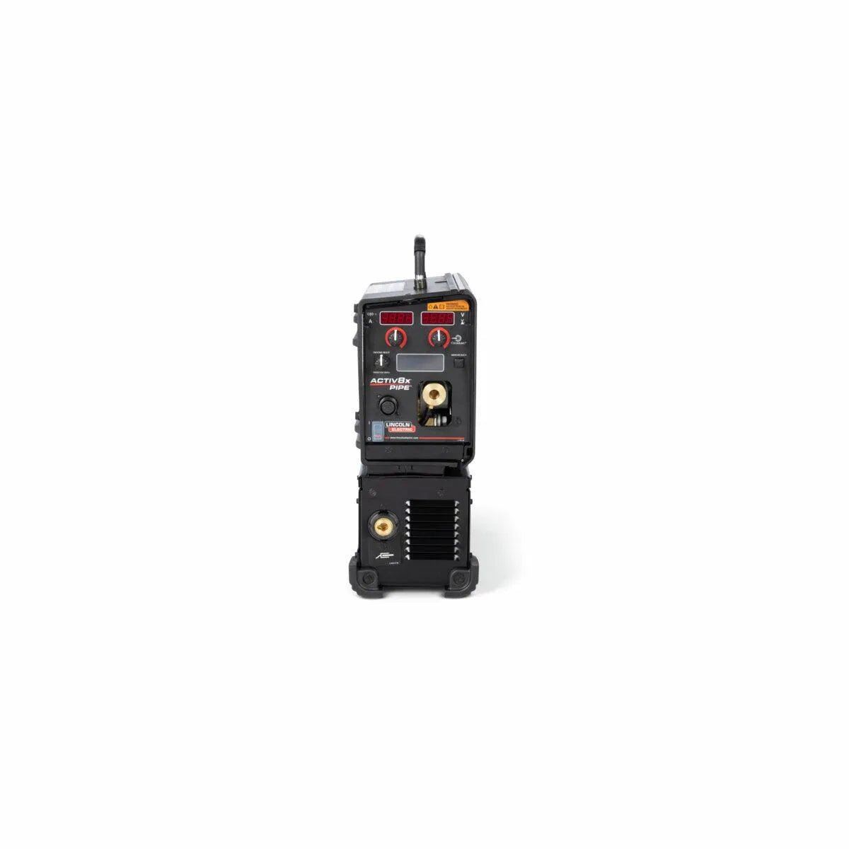 Front view of the Lincoln Activ8X Pipe CE (Twist Mate / Dinse) K5240-1 welding machine in black, featuring a display panel with two red knobs, labeled indicators, power button, ports, and vents—compact and ideal for pipe welding and wire feeder integration.