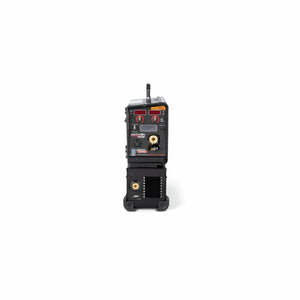 Front view of the Lincoln Activ8X Pipe CE (Twist Mate / Dinse) K5240-1 welding machine in black, featuring a display panel with two red knobs, labeled indicators, power button, ports, and vents—compact and ideal for pipe welding and wire feeder integration.