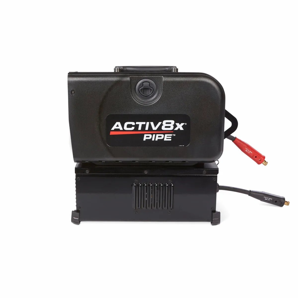 A Lincoln Activ8X Pipe (Tweco) K4717-1 wire feeder with a labeled front panel sits on a rectangular base. Red and black cables extend from the right, and the plain white background highlights its connectors and details.