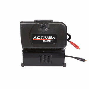 A Lincoln Activ8X Pipe (Tweco) K4717-1 wire feeder with a labeled front panel sits on a rectangular base. Red and black cables extend from the right, and the plain white background highlights its connectors and details.