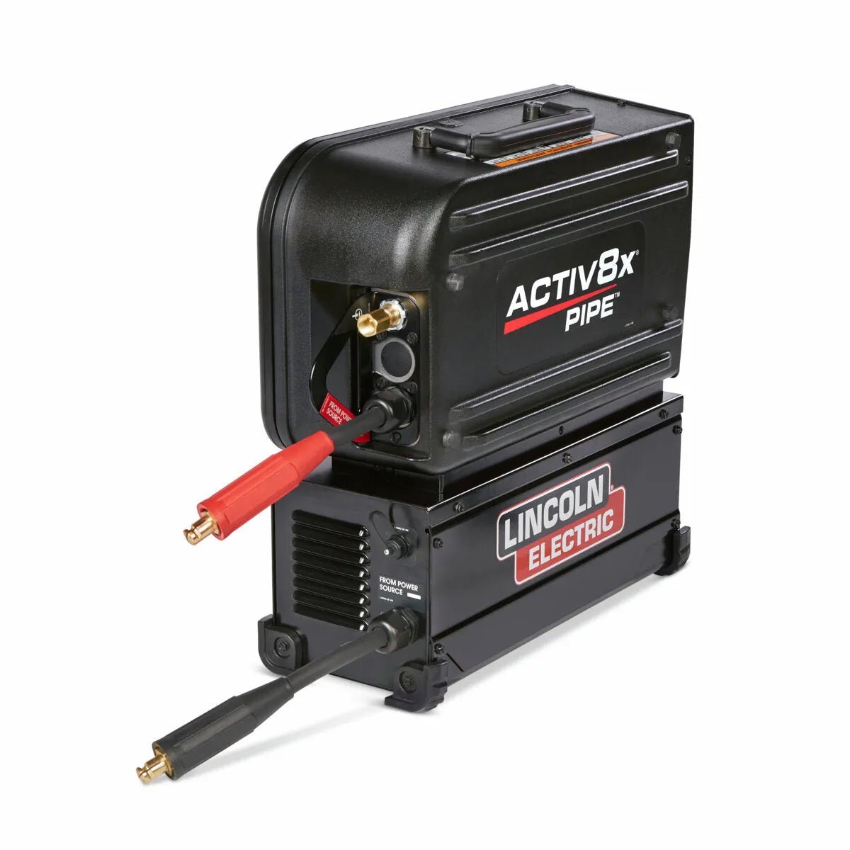 The Lincoln Activ8X Pipe (Tweco) K4717-1 is a compact black wire feeder with a top handle, ideal for pipe and field welding. It features front control panels with dials and connectors, plus two thick cables extending from the front.