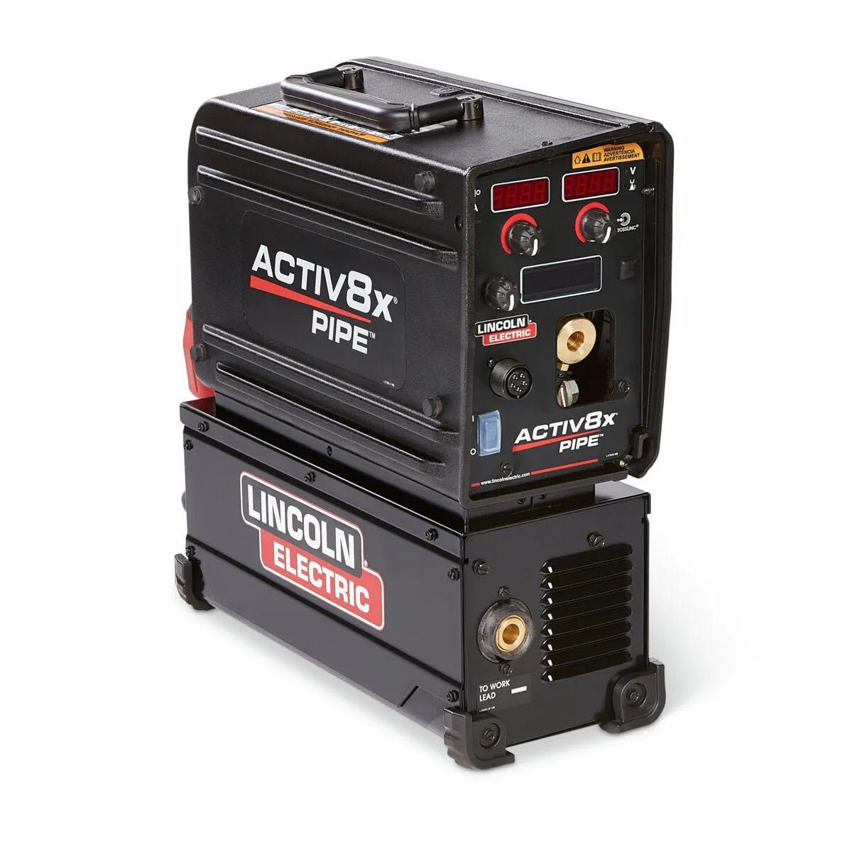 The Lincoln Activ8X Pipe (Tweco) K4717-1 is shown. Designed for field and pipe welding, the compact black unit features red and white branding, digital displays, control knobs, connectors, and a wire feeder on the front panel.